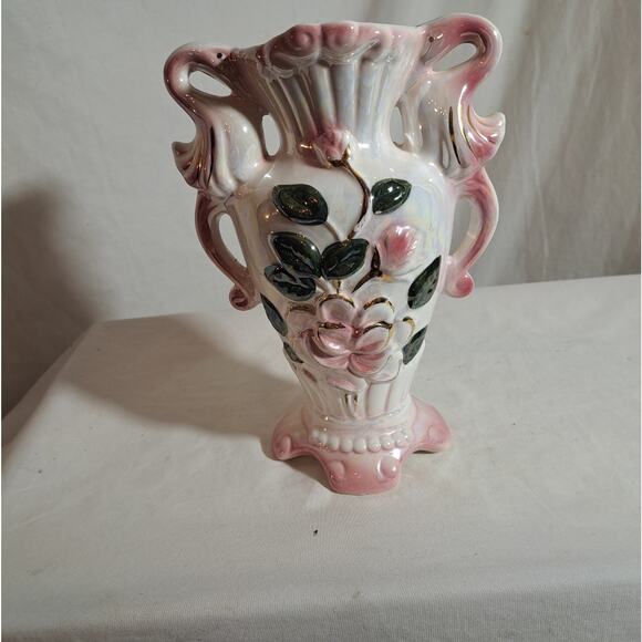 Delicate Hand Painted Porcelain Floral Vase Handles Gold with Pearlized Finish - Picture 1 of 6